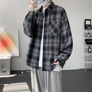 衬衫男春季新款港风宽松大码磨毛格子长袖衬衣CS6639-P35图片