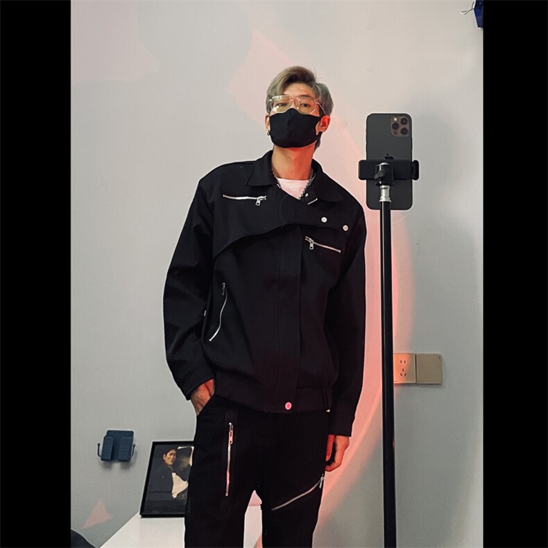 新款春秋简约宽肩黑男休闲设计感短款翻领解构夹克JK326-P68,男装夹克,星座1109-3