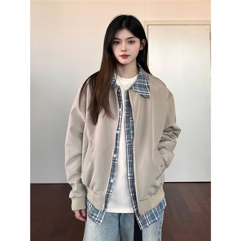 美式复古格子拼接假两件夹克男女设计感情侣工装外套L76477-P70图片