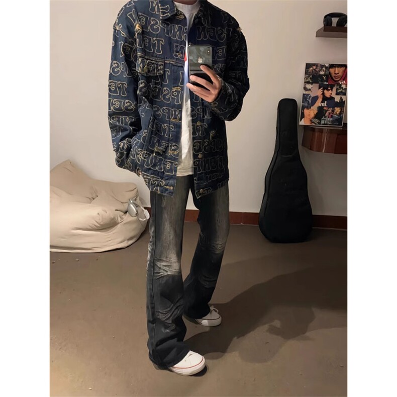 【有货】破洞满印牛仔外套男高级感痞帅美式工装夹克226CC-特P70,男装工装外套,星座1007（原301D）