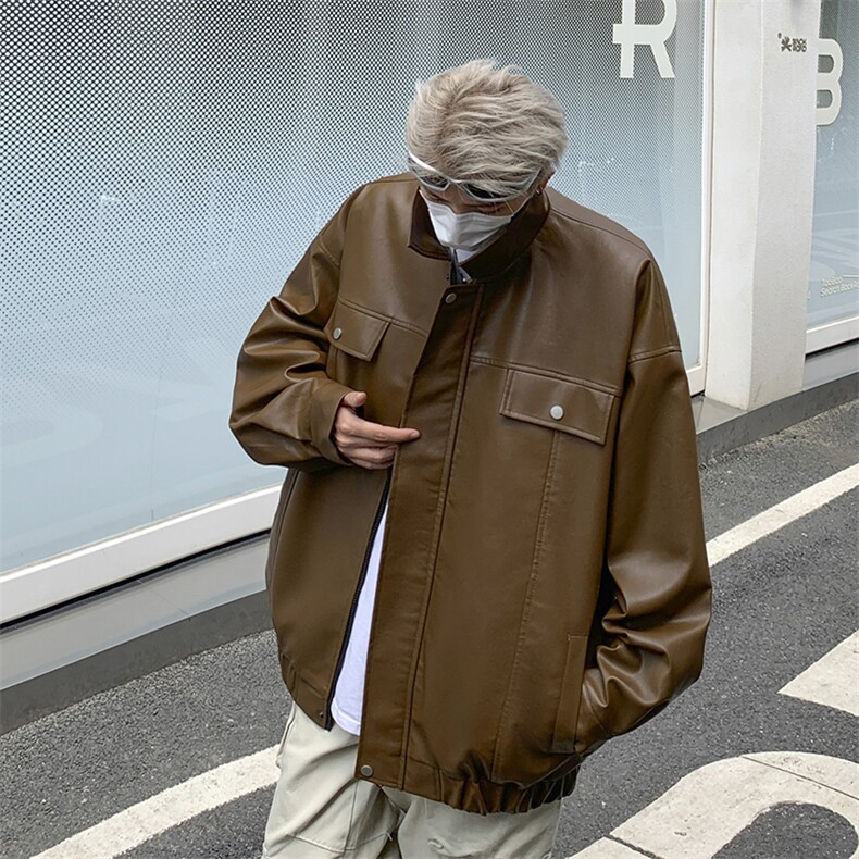 翻领外套男美式复古秋季新款高街痞帅PU皮夹克皮衣-A1130P78控118,男装皮衣,电商B241