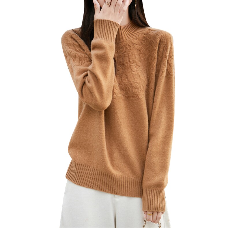 2025秋冬半高领厚款针织打底衫女纯羊毛提花内搭长袖毛衣纯色上衣,女装羊毛衫,片语羊绒