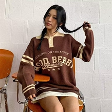 美式复古中性风POLO领毛衣高街男女慵懒风秋冬提花半拉链针织毛衣，男装针织衫/毛衣，星座1210-1