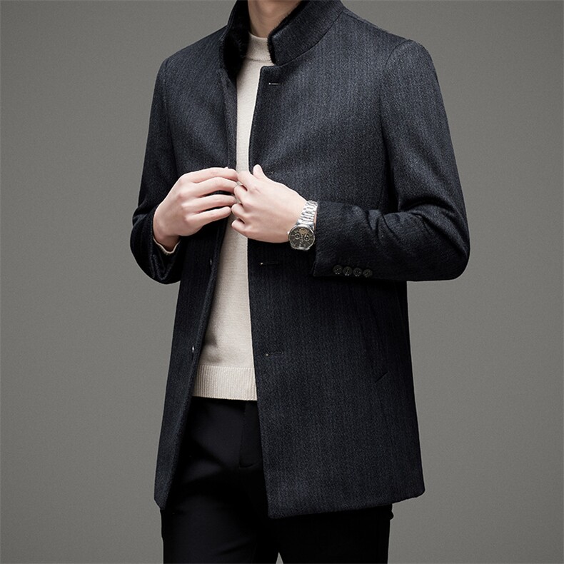 羊毛呢子大衣立领上衣冬季新款加厚保暖白鸭绒内胆中年男士外套，男装毛呢大衣，电商B212（原钱塘6029）