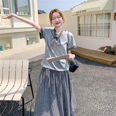 灰色气质减龄格纹拼接T恤半身裙套装两件套女夏学院风穿搭一整套，女装套装/套裙，2C135