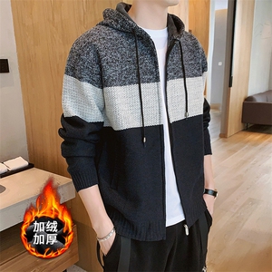  男士毛衣开衫连帽百搭加绒加厚拼色青少年秋冬外套8029图片