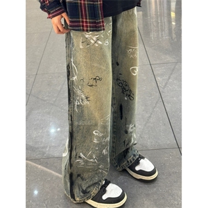 【008】 涂鸦牛仔裤男士春季宽阔腿裤显瘦直筒长裤A079-N1732-P50图片