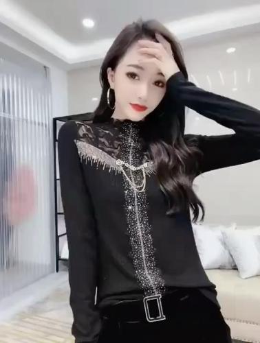 5060#新西兰羊绒针织面料拼蕾丝，性感小女人味百搭打底,女装,红妞(1F)