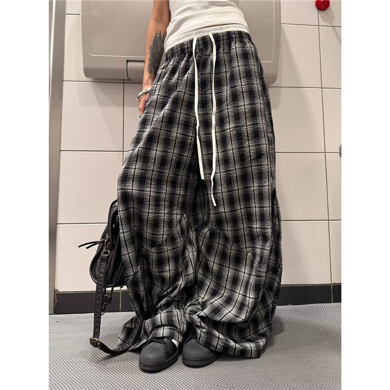 夏季新款美式拼色格子双腰头阔腿休闲裤男女慵懒宽松百搭拖地长裤,男装休闲裤,星座1210-1