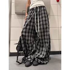 夏季新款美式拼色格子双腰头阔腿休闲裤男女慵懒宽松百搭拖地长裤，男装休闲裤，星座1210-1