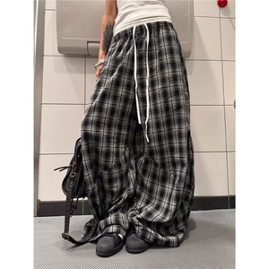 夏季新款美式拼色格子双腰头阔腿休闲裤男女慵懒宽松百搭拖地长裤图片
