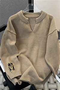 秋冬美式复古V领简约刺绣毛衣男女宽松休闲慵懒风百搭针织衫上衣图片