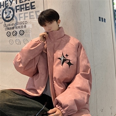 港风PU皮复古做旧可拆卸四芒星胸针设计棉衣男MY77721P128控168，男装棉衣，星座227-7