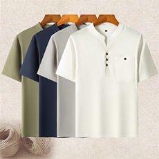 长年现货男士高品质风唐装中老年亚麻V领短袖中年棉麻T恤，男装T恤，钱塘723