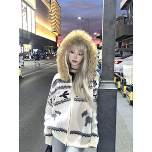 重磅北极绒座山雕毛衣外套冬美式复古休闲慵懒风大毛毛领针织开衫图片