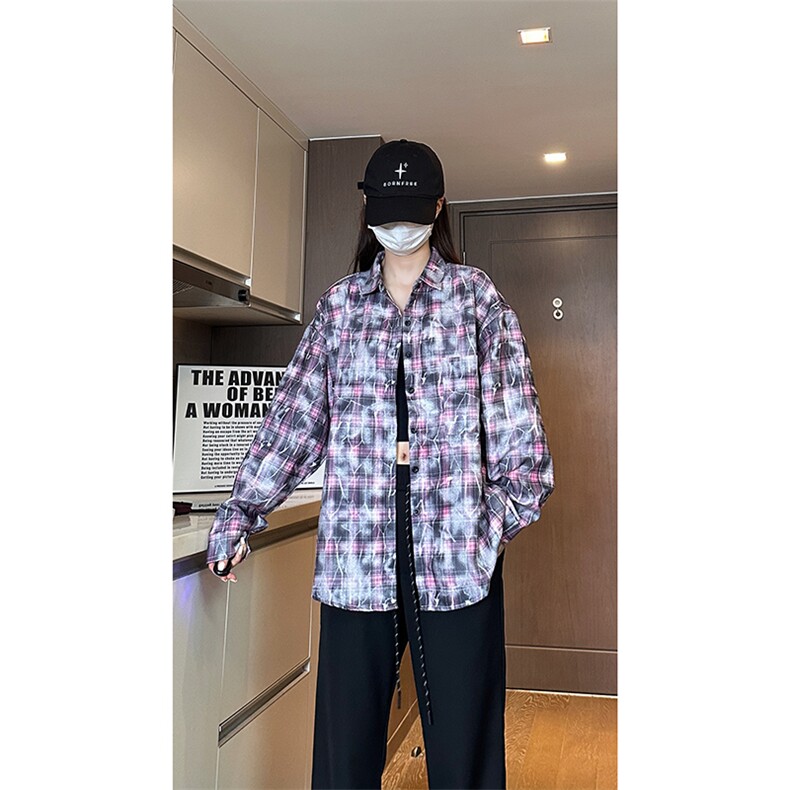 现货早秋高街做旧紫格子长袖衬衫女扎染衬衣外套男C18-P50-控78,男装衬衫,星座205-5