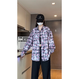 现货 早秋高街做旧紫格子长袖衬衫女扎染衬衣外套男 C18-P50-控78图片