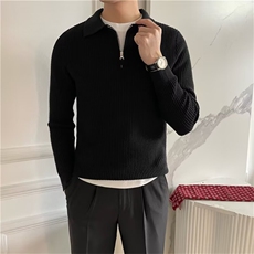 英伦男长袖半拉链polo翻领针织衫套头华夫格面料修身纯色毛线上衣，男装针织衫/毛衣，星座506A