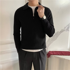 英伦男长袖半拉链polo翻领针织衫套头华夫格面料修身纯色毛线上衣图片