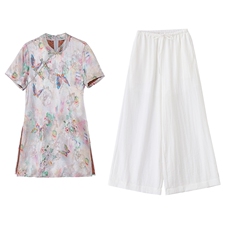 新中式盘扣改良旗袍上衣女2026夏新款超好看气质蝴蝶印花短袖衬衫，女装套装/套裙，美沁