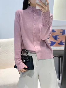 2025年秋季时尚百搭通勤简约休闲亮片镂空开衫，女装针织衫/毛衣，百纯羊绒