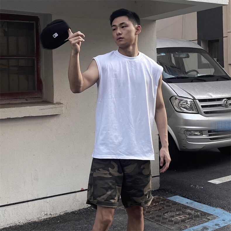 抖音得物高品质二开冰感爽滑280克双纱纯棉纯色坎肩无袖T恤背心,男装T恤,电商A486