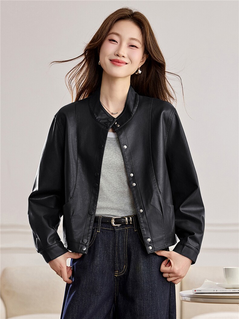 【春季女装新款】2026大量现货春季时尚百搭短款立领皮衣外套,女装皮衣,缘衣格