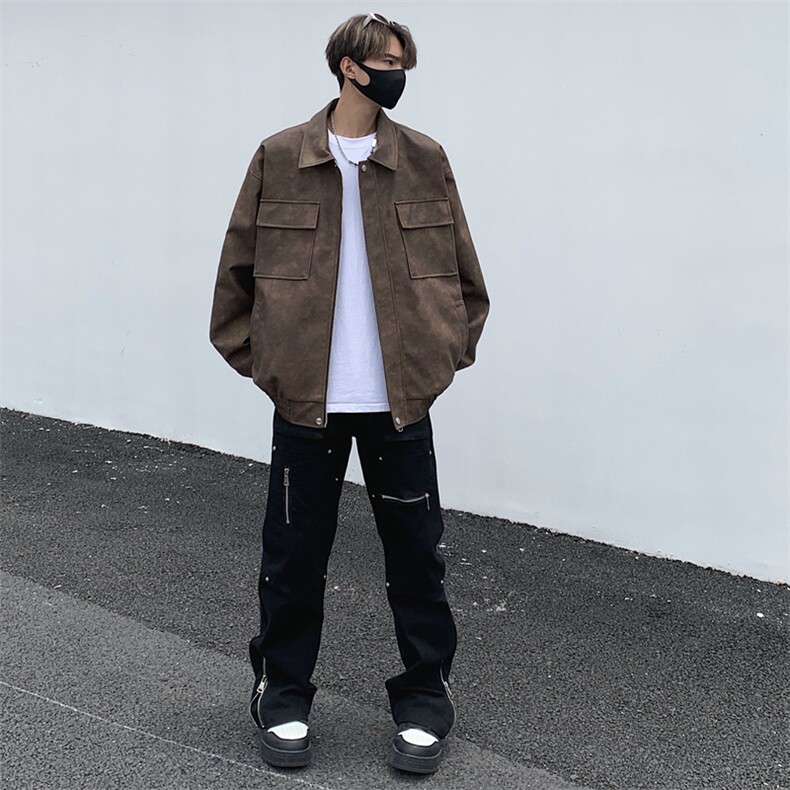 港风高街痞帅男装外套美式短款潮牌工装皮衣夹克DSA157B-J231-P90,男装夹克,电商A157B