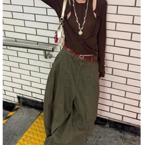 时尚美式复古绿色弯刀牛仔裤女2025春新款宽松慵懒松弛感拖地裤图片
