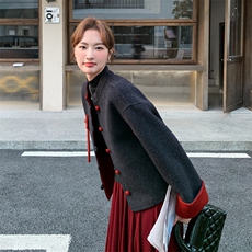 新中式国风撞色拼接双面呢羊毛外套女秋冬2025新款设计减龄厚大衣，女装毛呢外套，2C028