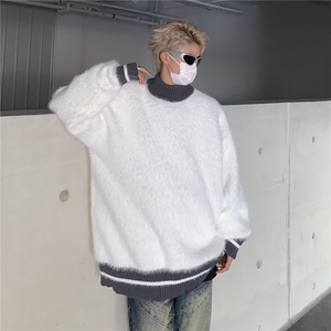 半高领条纹毛衣男冬季马海毛慵懒风针织衫潮牌宽松高级感外套图片