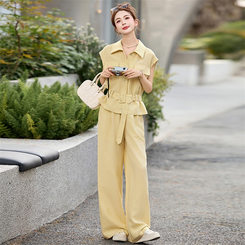 黄色绝美休闲套装裤女2025夏季新款系带收腰衬衫工装阔腿裤两件套,女装套装/套裙,众宇琦