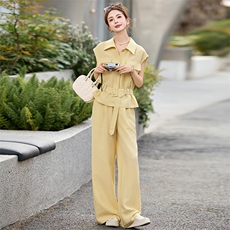 黄色绝美休闲套装裤女2025夏季新款系带收腰衬衫工装阔腿裤两件套，女装套装/套裙，众宇琦