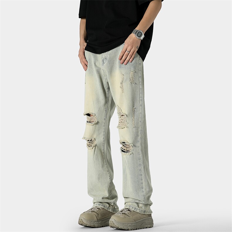 现货高品质夏季破洞宽松直筒牛仔裤715-6-BK821特P50(控78），男装牛仔裤，星座715-6