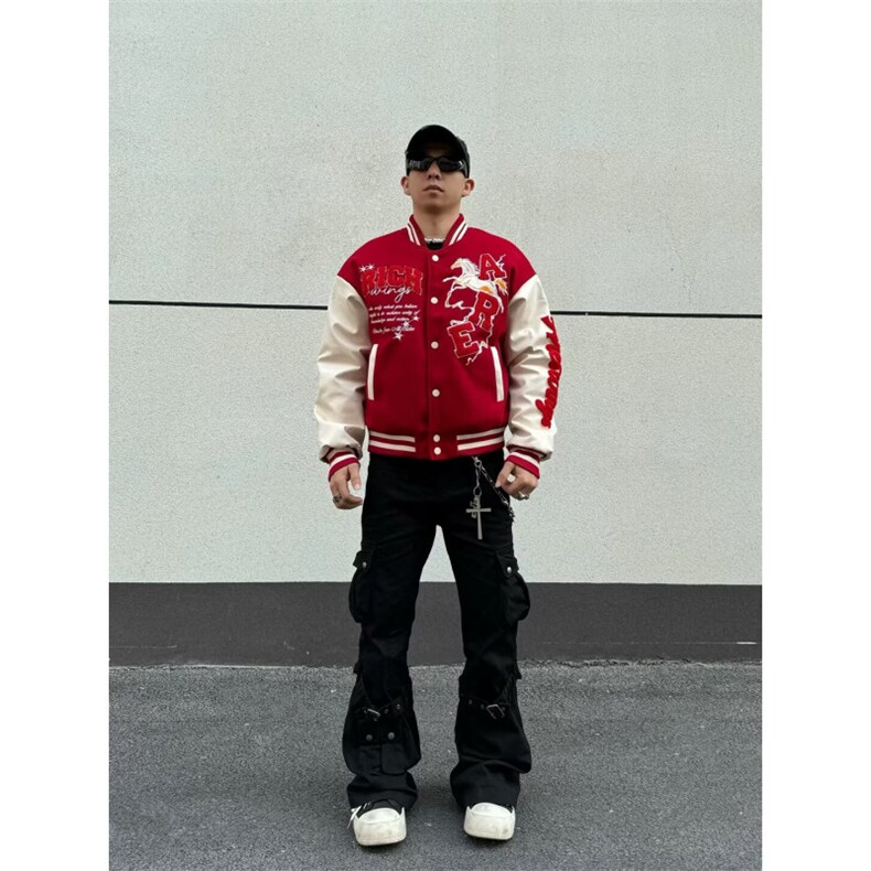 美式嘻哈字母植绒刺绣棒球服男女春季休闲保暖马年外套,男装棉衣,四季星座505
