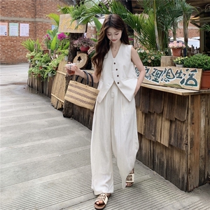 老钱风亚麻西装马甲阔腿两件套女2026新款夏季薄款透气高级感套装图片