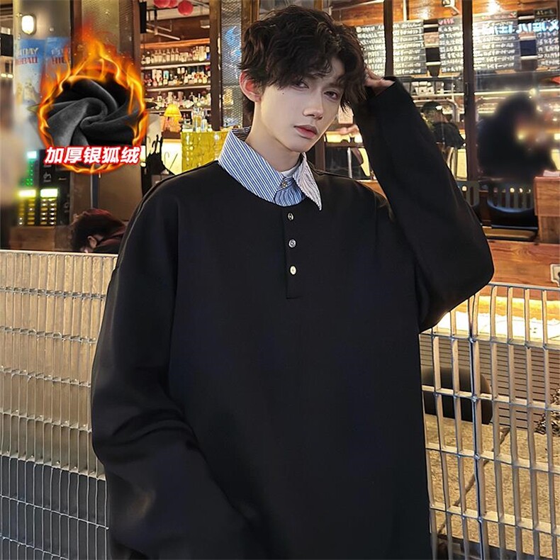 假两件衬衫领保暖加绒银狐绒大码长袖卫衣男W2343J加绒-特P40控78,男装衬衫,电商A001