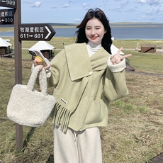 新款！冬装撞色配围巾双面羊毛呢大衣2C133-8982-P265-K378，女装毛呢外套，2C133