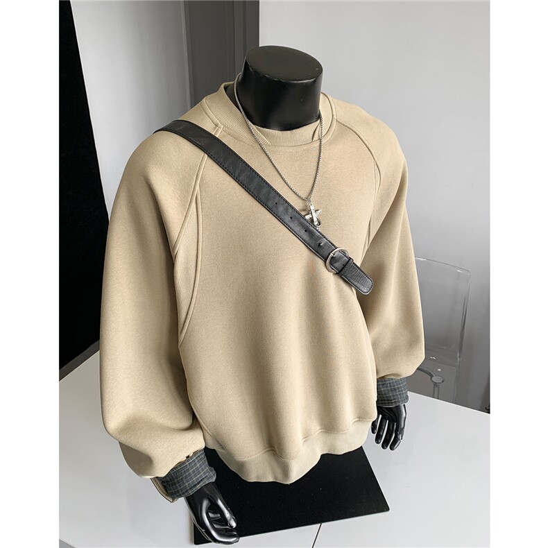 秋季新品套头罗纹装饰拼接卫衣纯色百搭情侣复古宽松D443特P58,男装卫衣,电商A335-1（原A458）