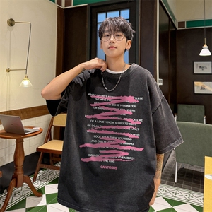 美式复古短袖T恤男夏季潮牌涂鸦字母印花半袖高街vibe宽松麂皮绒图片