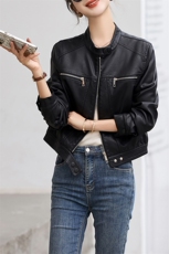 欧货圆领长袖搭扣皮衣外套女2024年春季新款机车时尚皮夹克短外套，女装皮衣，潮流依族