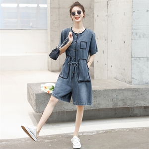 时尚显瘦牛仔连体裤女夏季新款宽松高腰短袖休闲裤百搭学生装图片