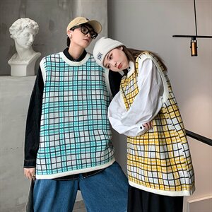 韩版格子背心情侣无袖针织衫加厚潮流毛衣男女上衣外套QT801-P55图片