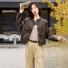 现货机车风外套2025春装新款女装时尚休闲简约短款立领落肩袖夹克，女装皮衣，美拉德工厂直营店