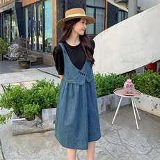 休闲牛仔连衣裙女2025夏季新款显瘦设计感假两件小个子复古A字裙，女装连衣裙，MQ