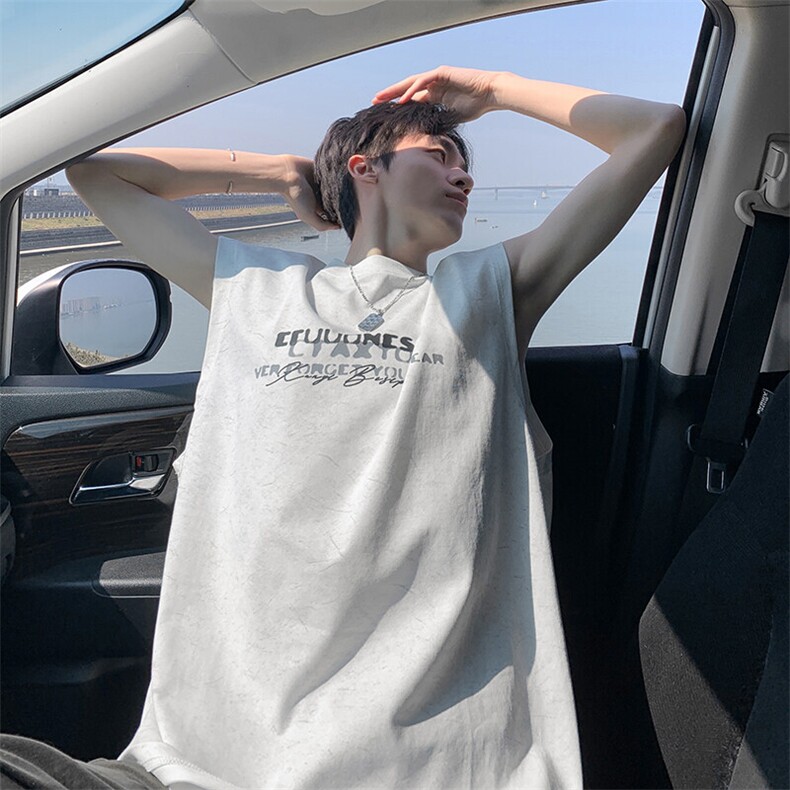 得物抖音品质240克宽松纯棉美式扎染做旧工艺坎肩背心印花无袖T恤,男装背心/马甲,电商A486-1