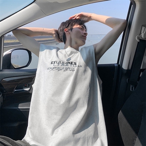 得物抖音品质240克宽松纯棉美式扎染做旧工艺坎肩背心印花无袖T恤图片