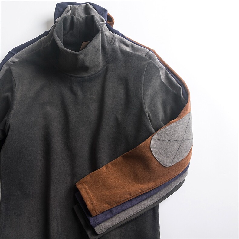 细腻软糯双面绒高领T恤加厚修身纯色高领打底衫肘部补丁T507 P35图片