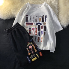 夏季小吃牌文字印花运动休闲大码宽松男套装T100+DK1003P80控98，男装休闲套装，电商A089-1