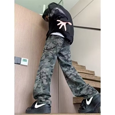 抖音得物美式复古迷彩微喇工装裤男款vibe高街裤子修身牛仔裤AK11，男装牛仔裤，电商A443